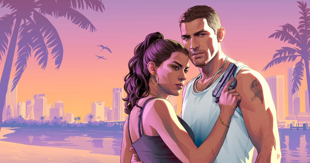 Jason and Lucia overlooking a neon-lit Vice City in Grand Theft Auto VI
